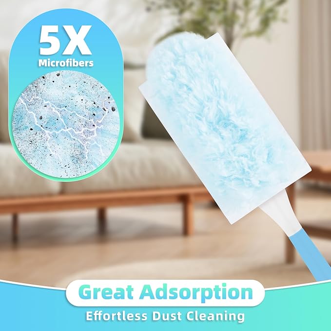 30 Count Light Blue Duster Refills Compatible with Swiffer Handle, 360° Multi-Surface Duster Refills with 1 Handle, 5X Microfibers Disposable Dusters for Home, Office Cleaning