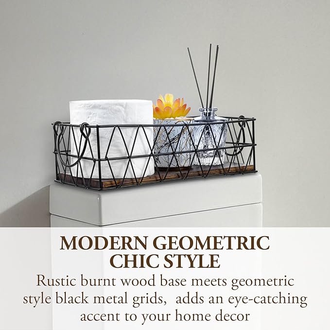 MyGift 2 Piece Wall Mounted Black Geometric Metal Nesting Storage Basket with Rustic Solid Burnt Wood Base, Small Tabletop Decorative Metal Wire Bins with Handles