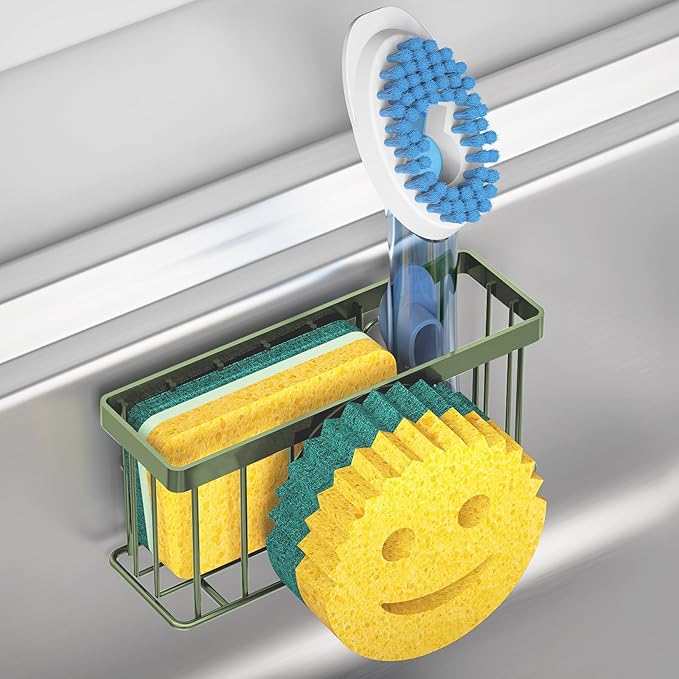 Sponge Holder Smiley Face,Sink Caddy,Sink Organizer with 2 Suction Cups/1 Adhesive Strips,Designed for Sponge,Soap,Dish Brush,Scrubber - Green