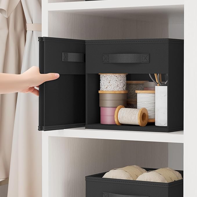 DIMJ Cube Bins, 6 Packs Fabric Storage Cubes with Clear Window, Storage Bins with Handles, Storage Baskets for Organizing Living Room, Bedroom, Office, Black