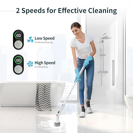 Electric Bathroom Scrubber with Long Handle, Electric Spin Scrubber Brush for Shower, Bathtub, Tile, Floor Cleaning-with Adjustable Handle & LCD Display for Easy Cleaning