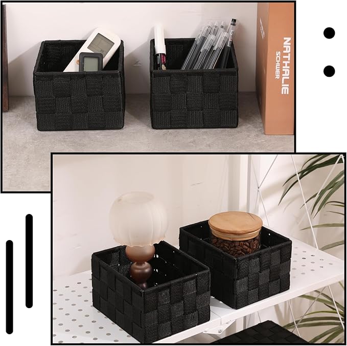 Storage Bins Woven Organizer Set of 6 – Polypropylene Storage Baskets with Metal Frame, Stackable Fabric Boxes for Drawers, Closet, Shelf, Nursery and Office, Black