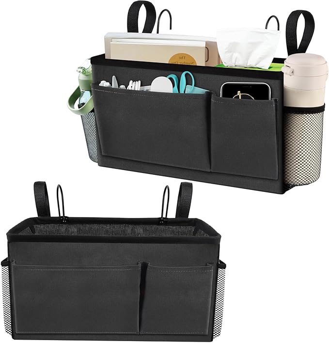 BlissTotes Bedside Caddy, Bedside Storage Organizer for Bunk Bed Accessories, Dorm Storage for Bedside Shelf and Bunk Bed Shelf, Bed Caddy for Home, Dorm, Bunk (Dark Gray, 2 Pack)