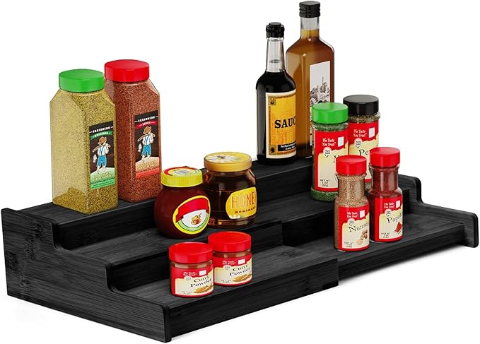 Spice Rack, 3-Tier Expandable Bamboo Spice Rack Organizer for Cabinet - Kitchen, Pantry and Cupboard Storage Organizer-Black