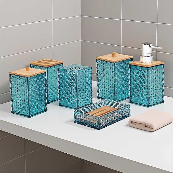 Bathroom Accessory Set,6 Pcs Dark Green Bathroom Set Include Soap Dispenser, Qtip Holder Dispenser, Soap Dish, Toothbrush Holder & Mouthwash Cup.Boho Bathroom Set
