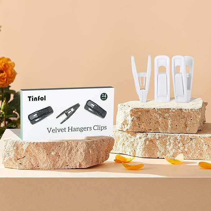 Tinfol White Velvet Hangers Clip - 24 Pack Pants Velvet Clips, Large Opening Clips, Strong Finger Flocked Clothes Pin Perfect for Slim-line Clothes Hanger