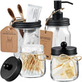 Amolliar Mason Jar Bathroom Accessories Set 4 Pcs -Lotion Soap Dispenser & 2 Cotton Swab Holders & Toothbrush Holder - Rustic Farmhouse Decor, Bathroom Home Decor, Perfect Decorating Idea (Black)