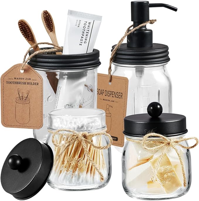 Amolliar Mason Jar Bathroom Accessories Set 4 Pcs -Lotion Soap Dispenser & 2 Cotton Swab Holders & Toothbrush Holder - Rustic Farmhouse Decor, Bathroom Home Decor, Perfect Decorating Idea (Black)