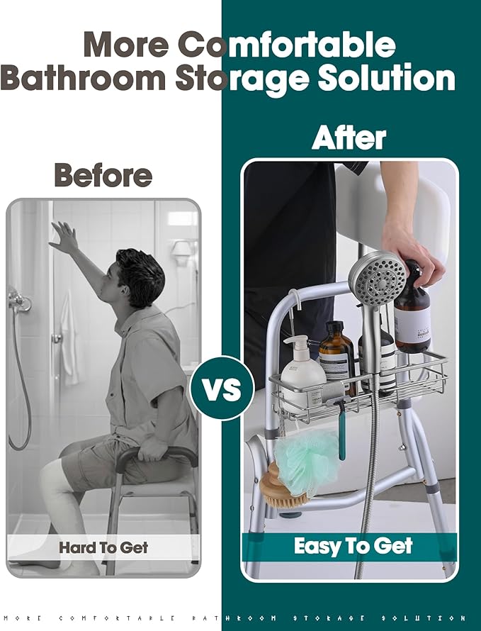 Rustproof Hanging Shower Caddy for Shower Chair, Stainless Steel Bathroom Basket for Bath Chair Bench,Showers Caddy Chair, Shampoo Bottle Holder for Elderly, Pregnant, Handicap, Patient