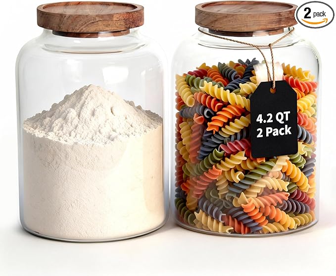 77L 2 PCS Large Glass Food Storage Jars with Airtight Lids, 4.2 Qt Wide Mouth Glass Canister Set for Pantry, Rice, Flour, Sugar, Cereal & Coffee