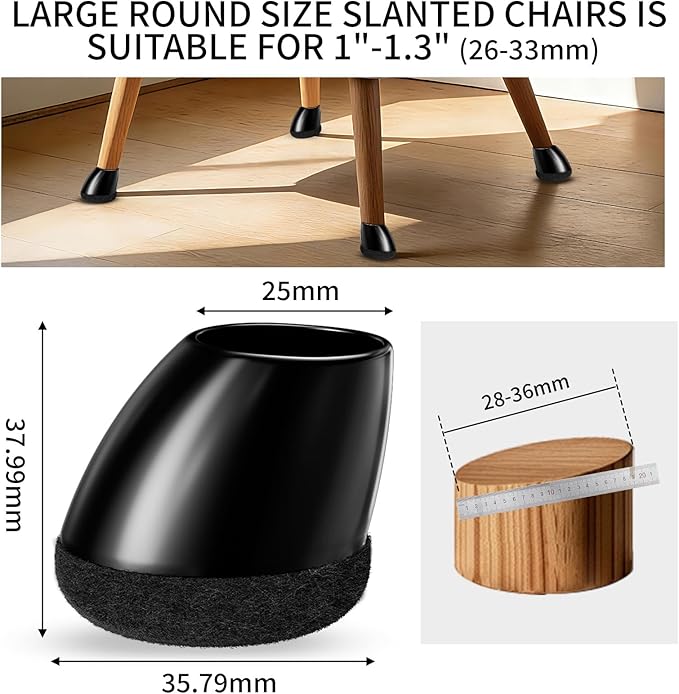 Ezprotekt 16 Pcs Chair Leg Floor Protectors, Silicone Covers Felt Furniture Pads for Hardwood Floors, Chair Leg Caps for Tilted Legs(15°-25°), Anti-Scratch and Reduce Noise Round L Black Fit (1"-1.3")