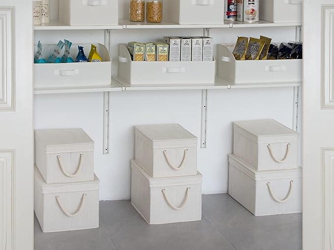 StorageWorks Storage Bins with Lids, Decorative Storage Boxes with Soft Rope Handles, Foldable Stackable Storage Baskets for Closet, Shelves, 3-Pack, Ivory and White, Large