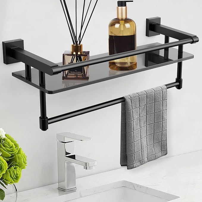 SFGSOWOR Glass Shelf for Bathroom 20 Inch Bathroom Shelves with Towel Bar Tempered Glass Shelves with Stainless Steel Towel Holder for Wall (All Matte Black)
