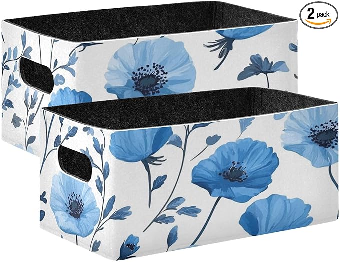 Blue Poppy Flowers Closet Storage Bins 2 Pcs Felt Open Home Storage Containers Organizer with Handles Collapsible Shelf Basket for Home Office Craft Room Classroom Fabric