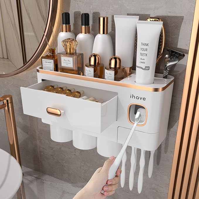iHave Toothbrush Holders Wall Mounted with Toothpaste Dispenser & 3 Cups - Premium White and Gold Design for Bathroom Decor, All-in-One Bathroom Organizers & Storage for Toothbrushes and Accessories