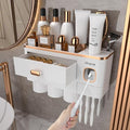 iHave Toothbrush Holders Wall Mounted with Toothpaste Dispenser & 3 Cups - Premium White and Gold Design for Bathroom Decor, All-in-One Bathroom Organizers & Storage for Toothbrushes and Accessories
