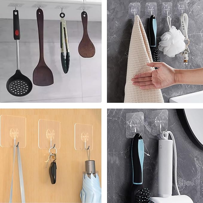Heavy Duty Adhesive Wall Hooks - Strong & Transparent, Hold up to 22lb, Waterproof & Reusable, Ideal for Kitchen, Bathroom, and Office (10 Pack)