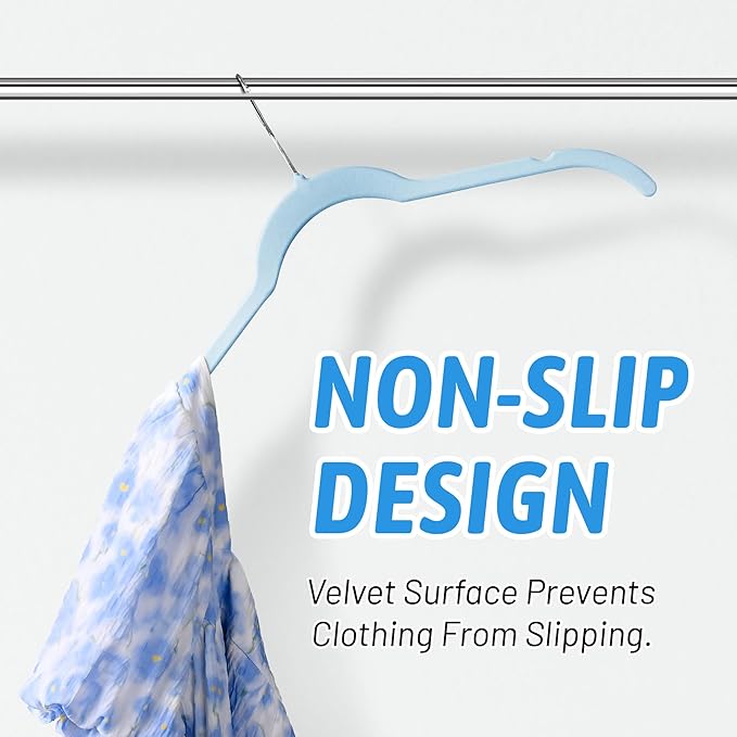 Sishynio Velvet Hangers 50 Pack – Slim Non-Slip Flocked Clothes Hangers with Notches, Space-Saving Durable Hangers for Dresses, Coats, Blouses(Blue)