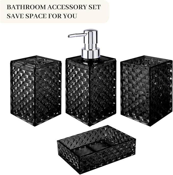 Bathroom Accessory Set, Grid Pattern 4 Pcs Plastic Bathroom Set Include Soap Dispenser, Soap Dish, Toothbrush Holder, Mousewash Cup, Modern Bahtroom Décor Set, Space Save for Bathroom(Black)
