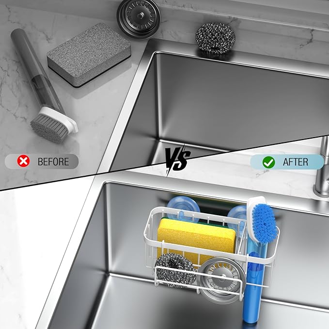 3-in-1 Kitchen Sink Caddy Organizer with Sponge Holder, Brush Holder, Extra Rack for Scrubber, Sink Stopper, Dish Cloth Hanger - Strong Dual Suction Cup, 2.0mm SUS304 Stainless Steel - White