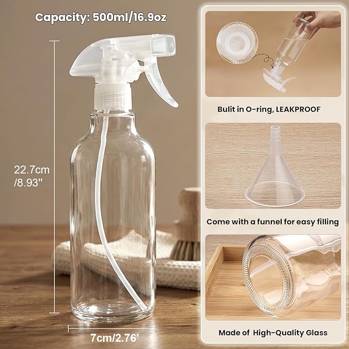 Glass Spray Bottles 16.9oz Empty Spray Bottle Mist/Stream Spraying Small Refillable Containers for Hair Care, Cleaning Solutions, Plants, Essential Oils 1 Pack (Clear-1, 16.9oz)