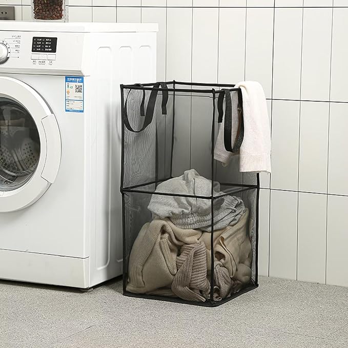2 Pack Popup Laundry Hamper, Large Collapsible Mesh Laundry Baskets Dirty Clothes Basket with Handle Foldable Clothes Hamper for Washing Storage,Toy Storage,Dorm and Travel(Black,13x26Inch)
