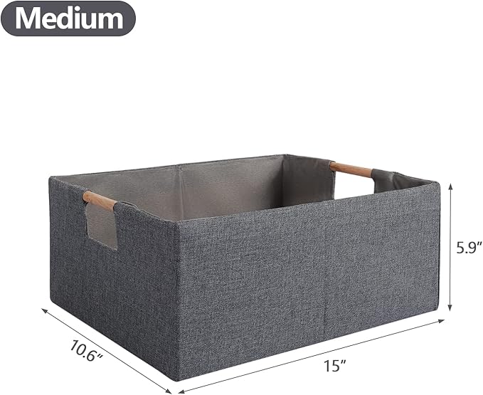 Fabric Storage Bin Box Foldable Collapsible Storage Basket with Wooden Handles Rectangular Cube Decorative Home Nursery Organizer Clothes Blanket Container – Grey, Medium