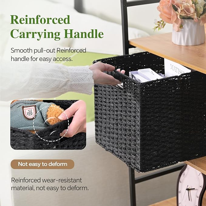 Woven Wicker Storage Baskets 2-Pack, 11x11 Handwoven Paper Rope Organizer Bins, Foldable Cube Storage Cubes with Built-in Handles for Shelves and Closet Organization(Classic Black)