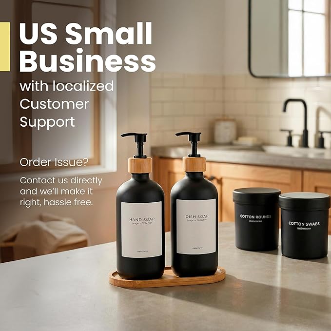MaisoNovo Glass Dish Soap Dispenser for Kitchen Set of 2-16.9oz Dish and Hand Soap Dispenser Set for Kitchen - Black Glass Bottles x 2 with Black Bamboo Pumps & Tray