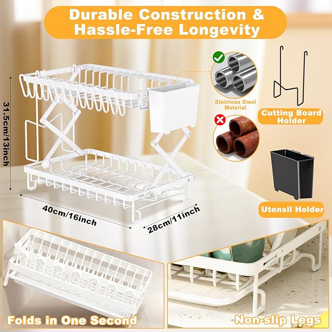 2-Tier Dish Racks for Kitchen Counter, Large Dish Drainers for Kitchens Counter Stainless Steel Kitchen Dishes Drying Rack, Space Saving Dishes Strainer for Bowl, Plate, Cup - Modern Counter Organizer