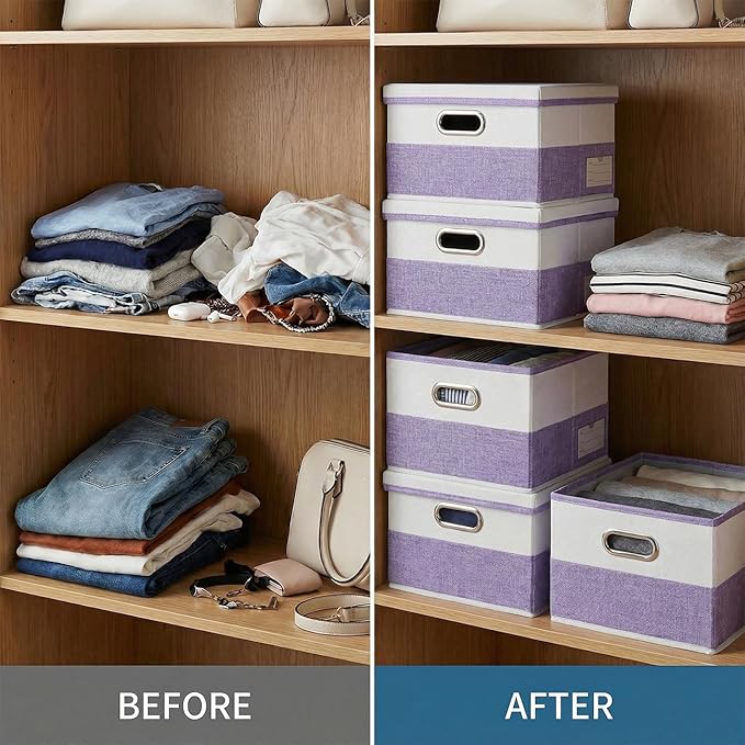 PRANDOM Storage Bins with Lids [3-Pack] Linen Fabric Foldable Storage Boxes Organizer Containers Baskets Cube with Cover for Bedroom Closet Office Purple&White（11.4X8.6X6.7