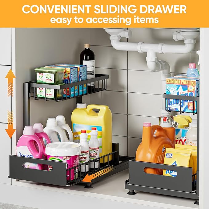 Under Sink Organizer Storage 2-Tier Premium Metal Pull-Out Kitchen Cabinet Organizer with Sliding Drawer, Height Adjustable, Heavy Duty for Kitchen & Bathroom Organizers 2 Pack Black