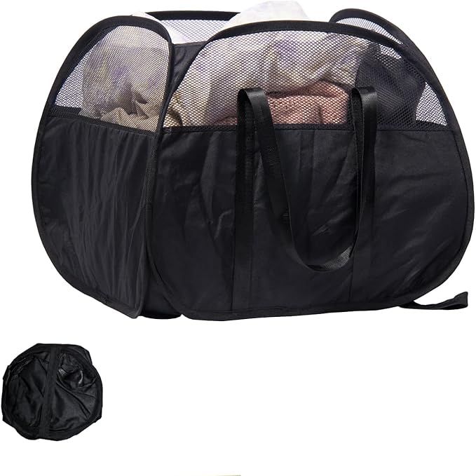 Collapsible Laundry Basket, 90L Foldable Pop Up Laundry Hamper with Reinforced Handles, Tear Proof Mesh Dirty Clothes Hamper for Laundry (Black)