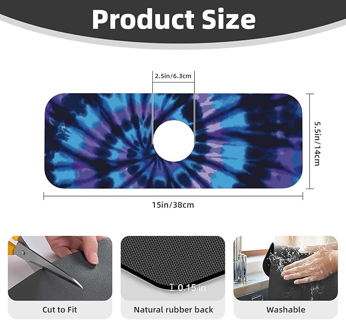 Tie Dye Blue Purple 15" X 5.5" Kitchen Sink Splash Guard Faucet Faucet Guard Draining Mat Sink Splash Guard Faucet Kitchen Bathroom
