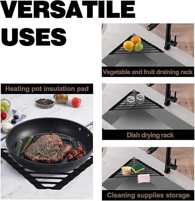 Mistifi Full Silicone-Coated Triangle Roll-Up Dish Drying Rack with Steel Core for Sink Corners – Multipurpose Over-The-Sink Kitchen Drainer & Space-Saving Organizer (Black)