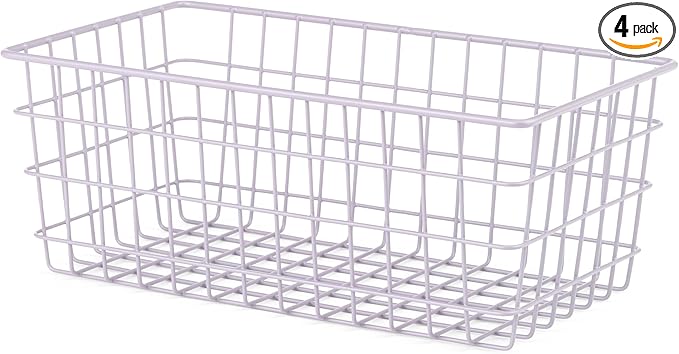 Whitmor 4 Pack Lavender Wire Storage Baskets for Organizing Office, Metal Storage for Pantry, Kitchen Bins & Freezer