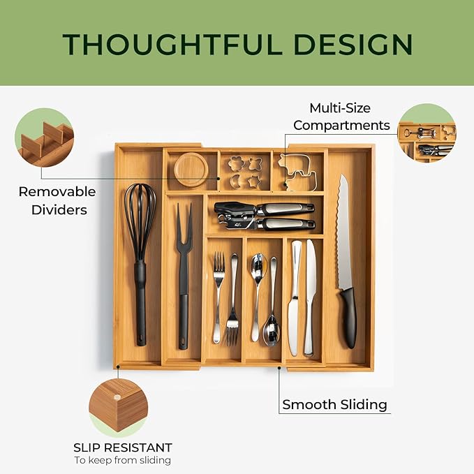 Carbonized Bamboo Kitchen Drawer Organizer, 10 Slots Expandable Silverware Organizer, Utensil Holder & Cutlery Tray, 2.2" Deep for Extra Capacity, Non-Slip Feet Included