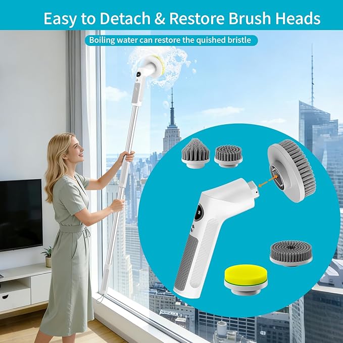 Electric Spin Scrubber, Cordless Cleaning Brush with 6 Replaceable Brush Heads, IPX7 Waterproof Bathroom Scrubber with Adjustable Extension Handle & Battery Level Display for Bathroom Kitchen Car