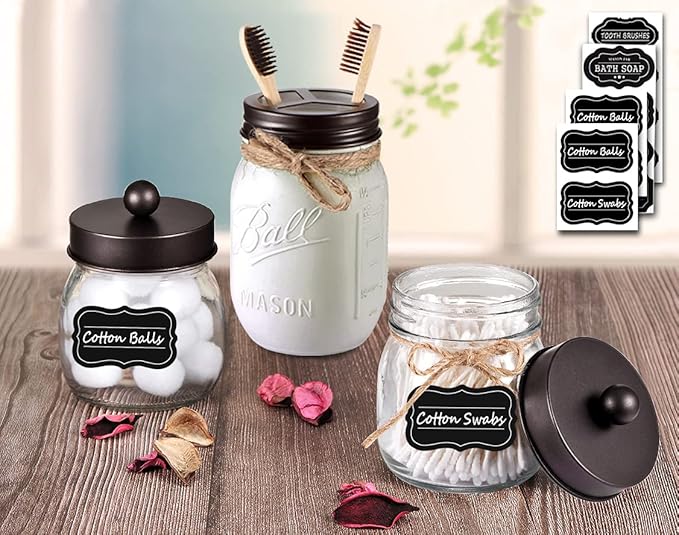 Mason Jar Bathroom Accessories Set(4pcs)- Jars Not Included - Foaming Soap Dispenser,Toothbrush Holder, and Apothecary Storage Jars Lids -Rustic Farmhouse Decor,Brown