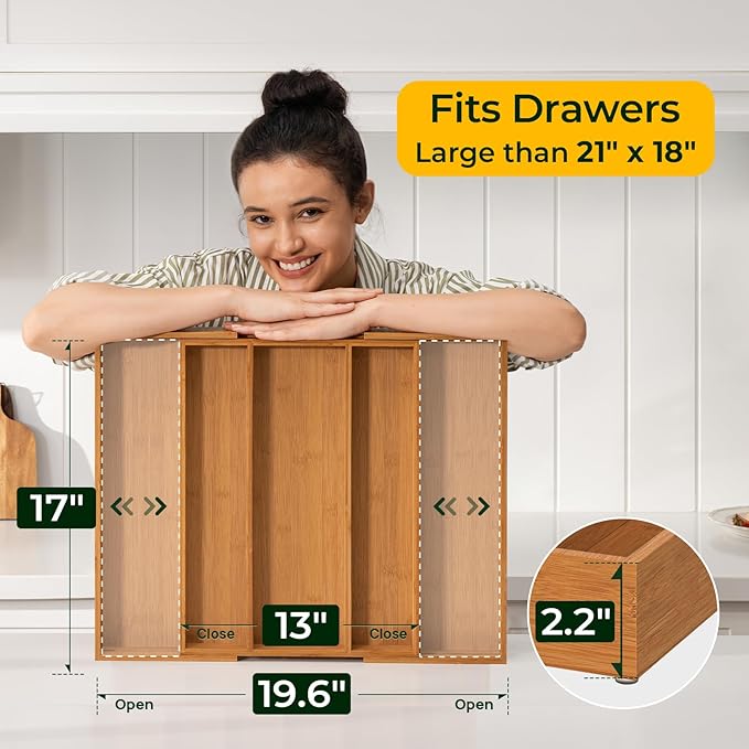 Carbonized Bamboo Kitchen Drawer Organizer, 5 Slots Expandable Silverware Organizer, Utensil Holder & Cutlery Tray, 2.2" Deep for Extra Capacity, Non-Slip Feet Included.