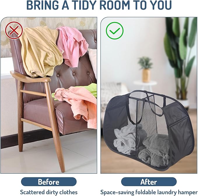 Mesh Popup Laundry Hamper 2 Compartment, Collapsible Laundry Sorter Basket Foldable Hamper for Clothes, College Dorm, Travel (Black)