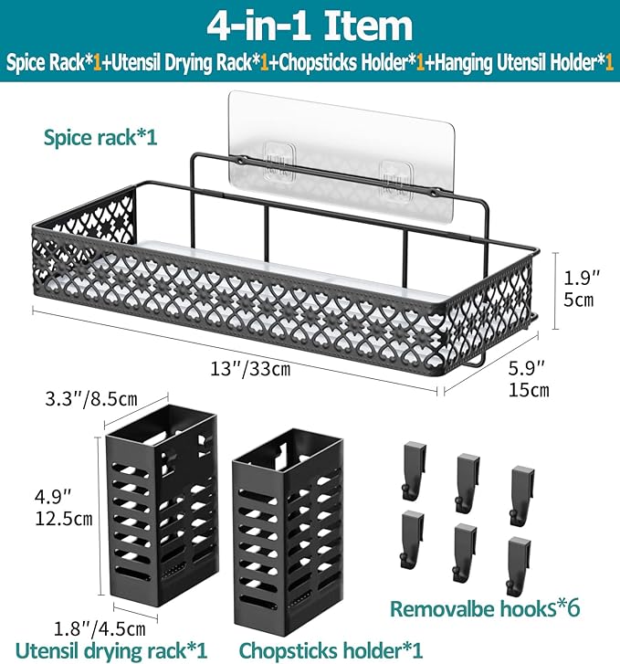 Hanging Spice Rack Wall Mount, Over Stove Spice Organizer Shelf with Wall Hanging Utensil Holder 6 Hooks for Kitchen, Black