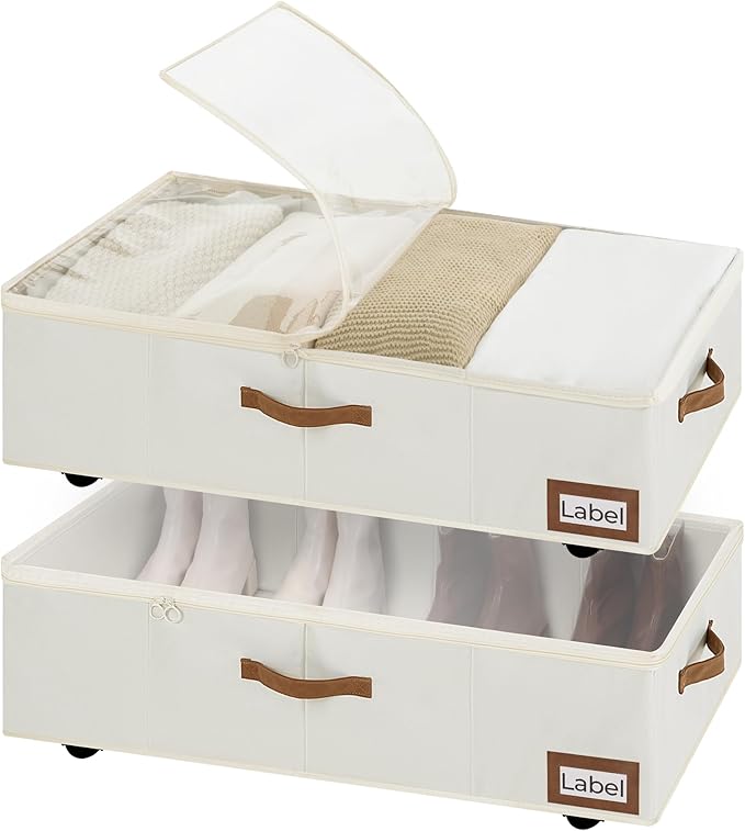 StorageWorks Under Bed Storage with Wheels, 10" Underbed Storage Containers with Lid, 90L Clothes Organizer for Blankets, Sweaters, Bedding, 2-Pack, Beige
