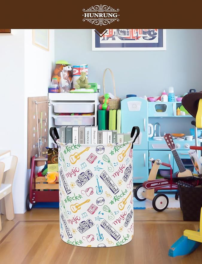 HUNRUNG Laundry Hamper,Large Canvas Fabric Lightweight Storage Basket Toy Organizer Dirty Clothes Collapsible Waterproof for College Dorms（Round-Musical instrument）