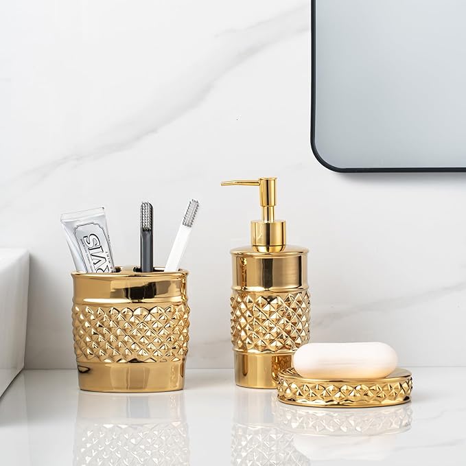 3-Piece Gold Ceramic Bathroom Accessories Set - Luxurious Soap Dispenser, Toothbrush Holder & Soap Dish with Modern Geo Embossed Design for Bathroom Accessory Set