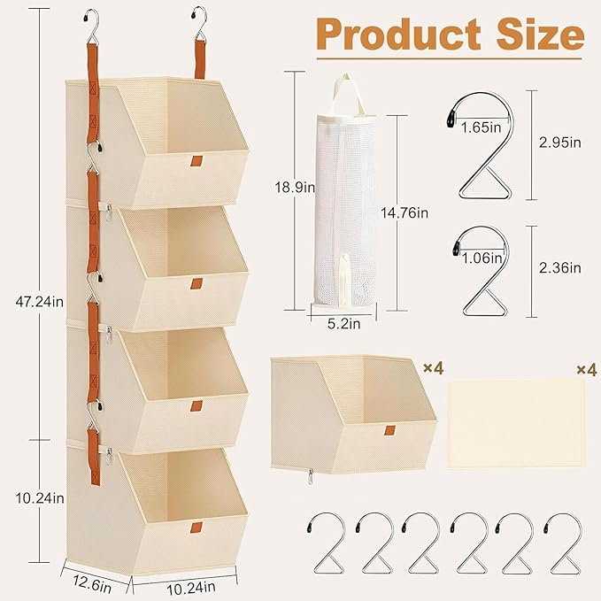 4 Tier Hanging Closet Organizer with Socks Storage Mesh Bag - Space Saving Storage Shelves for Closet, Wardrobe, Fabric Storage Bins for Dorm Rooms, Bedroom (Beige)