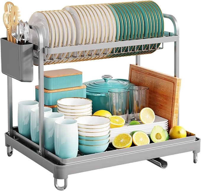 2-Tier Dish Drying Rack - Stainless Steel Dish Rack with Cutlery & Utensil Holders for Kitchen Counter, Sink Organization and Storage for Small Family, 16.7" W x 12.7" L x 15.8" H, Gray