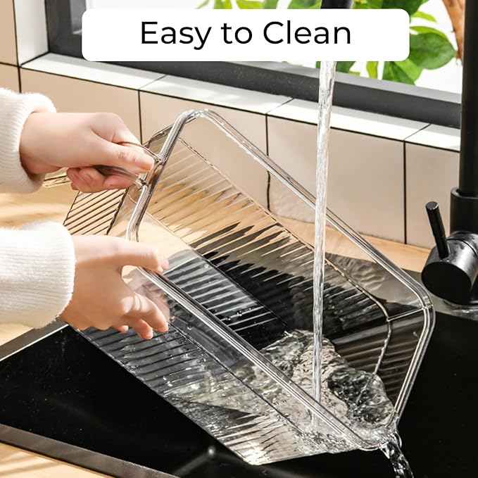 2 Pack Clear Refrigerator Organizers and Storage, Plastic Fridge Organizer Bins with Handle and Removable Drain Tray, Multi-Use Organizer Bins for Kitchen, Cabinets, Fridge, Drinks, Vegetable