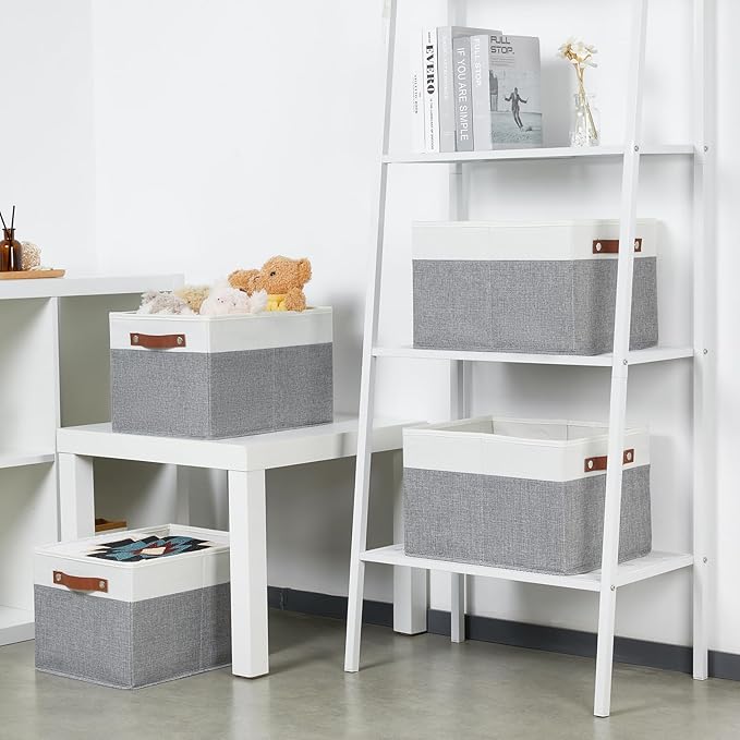 Bidtakay Storage Bins 4-Pack Collapsible Fabric Storage Baskets for Organizing 15x11x9.5 Inches White/Light Grey