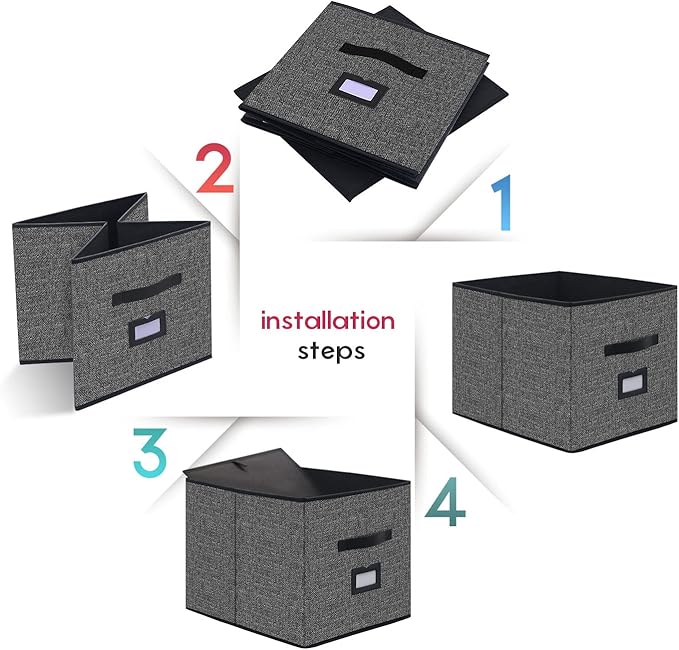 Onlyeasy Extra Large Foldable Cloth Storage Cubes 4 Pack with Label Holders - Fabric Storage Bins Baskets Organizers for Home Office Nursery with Handles, 13 L x 15 W x 13 H Inch, Black, MXABXL04PLP